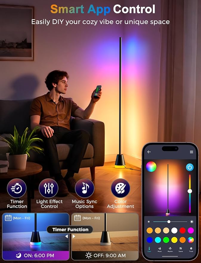 Alfolive RGB Floor Lamp, Smart LED Corner Lamp for Living Room Bedroom, 16 Million DIY Colors Standing Lamp with Music Sync App & Remote Control, Cool Modern Mood Light Ambient Lighting, Black