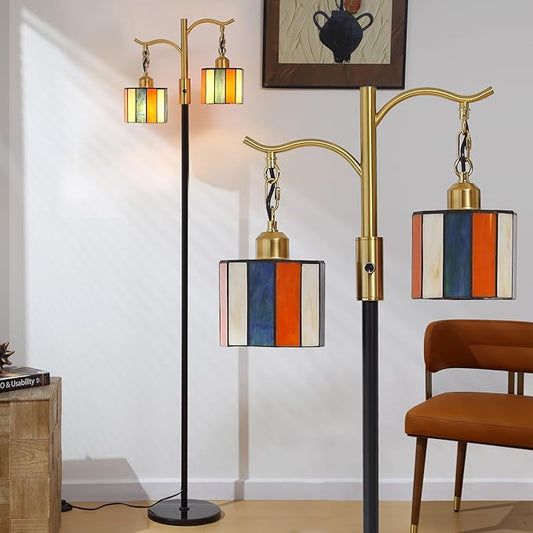 Asmymhd Vintage Dimmable Floor Lamp, Tiffany Standing Lamp with 2 Stained Glass Shades, Rustic Farmhouse Floor Lamp with Black and Gold Finish for Living Room Bedroom