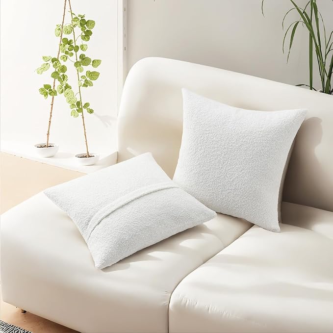 HAUSSY Christmas White Set of 2 18x18 Decorative Throw Pillow Covers, Soft Cozy Textured Boucle Couch Cases, Home Decor for Couch Bed Living Room