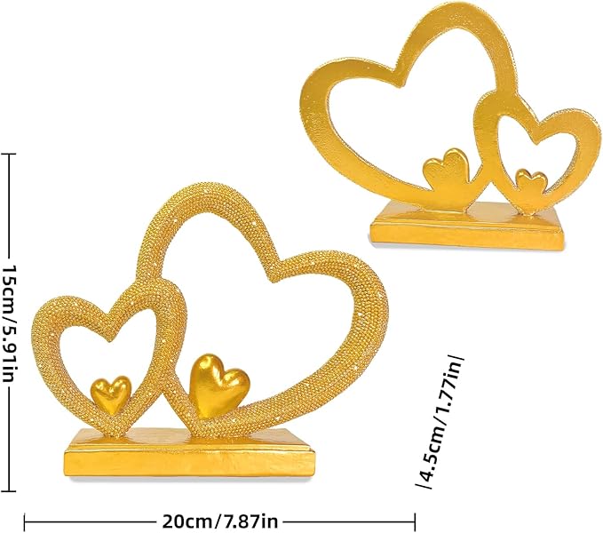 Double Heart Sculpture Valentine’s Day Statue, Faux Beaded Texture with Gold Accents, 7.9" Gold Romantic Decor for Shelf, Mantel, Bedroom, Wedding, for Her