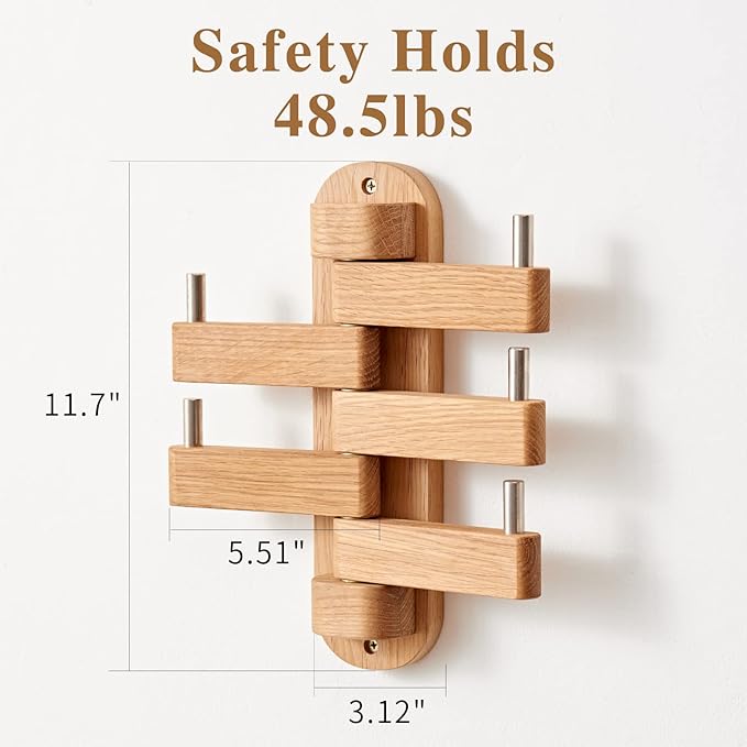 Oak Wood Coat Hooks, Coat Rack Wall Mount Swivel & Heavy Duty Wall Hooks for Bedroom, Entryway, Living Room, Bathroom,Office, Classroom