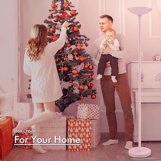 30W Pink Torchiere Floor Lamp, 3600LM Super Bright LED Pole Lamp, 71Inch Tall Stepless Dimmable Torch Lamp, 1Inch Thick Metal Tube, Rotary Switch, Modern Standing Lamp for Living Room/Bedroom/Office
