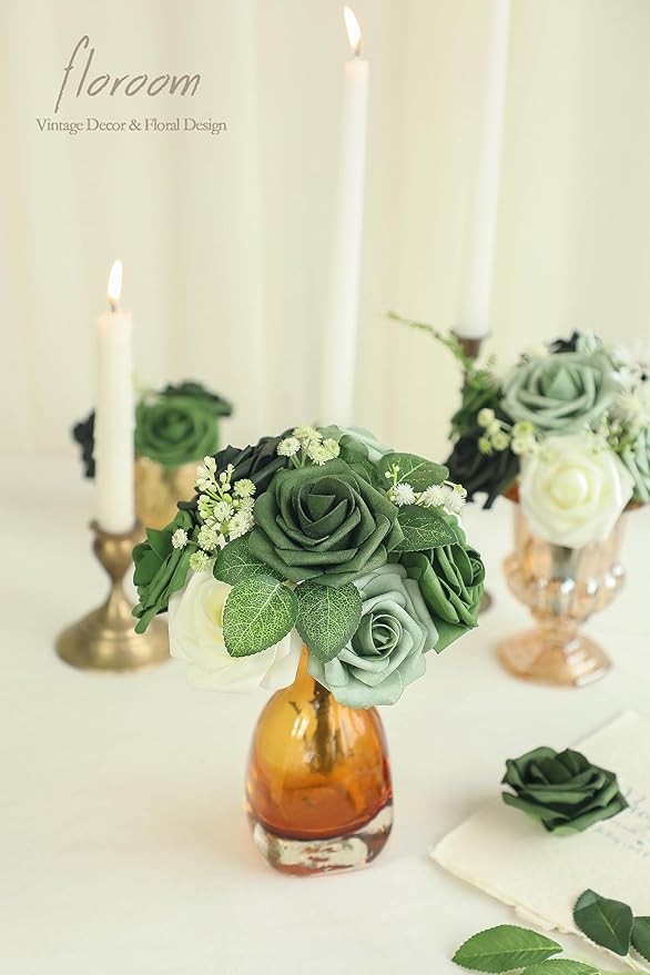 Floroom Artificial Flowers 25pcs Real Looking Forest Green Ombre Colors Foam Fake Roses with Stems for DIY Wedding Bouquets Bridal Shower Centerpieces Sage Green Floral Arrangements Decorations