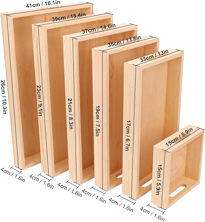 7 PCS Wooden Nested Serving Trays with Handles- Rectangular Wood Crafts Trays for Organizing, Wooden Serving Trays for Serving, Kitchen, Breakfast, Parties and Home Decor