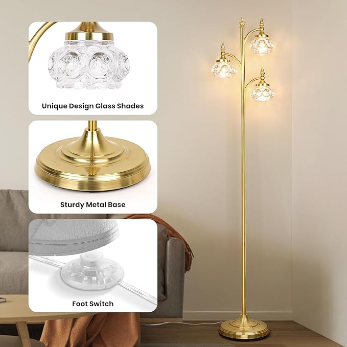 JUNNAI Gold Floor Lamp, Dimmable Tree Floor Lamps for Living Room Brass Tall Standing Lamp with 3 Rotatable Lights Glass Shade 66.5'' Modern Corner Lamp for Bedroom Office(3LED Bulbs Included)