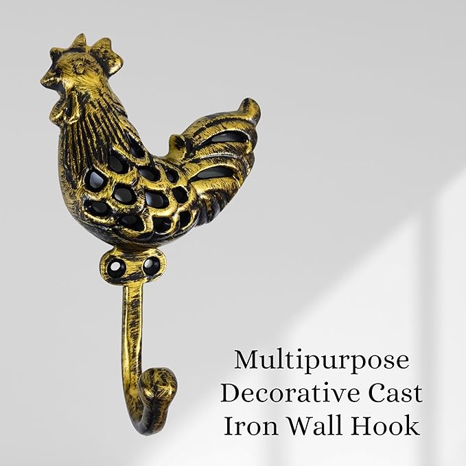 Set of 3 Cast Iron Rooster Shape Coat Hooks Wall Art Decor-Rooster Shape Hangers and Key Holder-Clothes Rack and Backpack Hanger-Coat Hooks Home Decor for Storage, Living Room,Hallway (Brass Antique)
