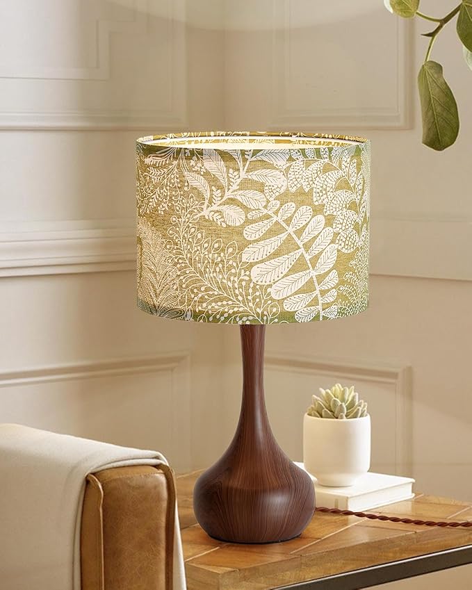 Vintage Boho Green Flower Fabric Red Wood Pattern Bedside Nightstand Table Lamp Set of 2 for Bedroom, Mid Century Modern Farmhouse Decorative Table Lamp Desk Lamp for Living Room Hallway Home Office