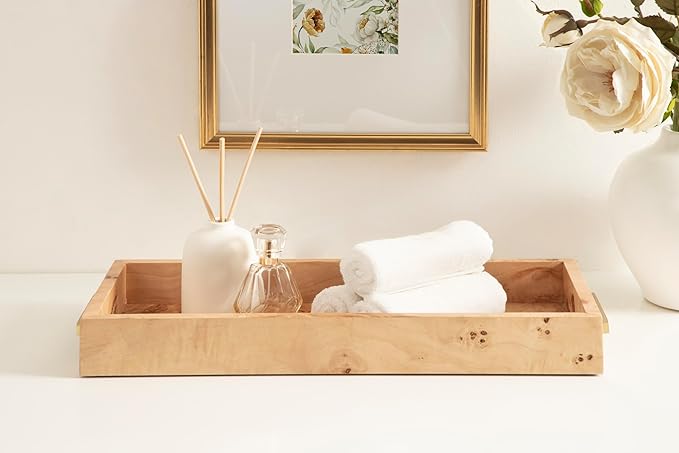 Kate and Laurel Burlock Modern Decorative Burlwood Rectangle Tray with Handles, 8 x 19, Natural Wood and Gold, Transitional Rectangular Tray for Use as Entryway Tray Decor or Ottoman Serving Tray