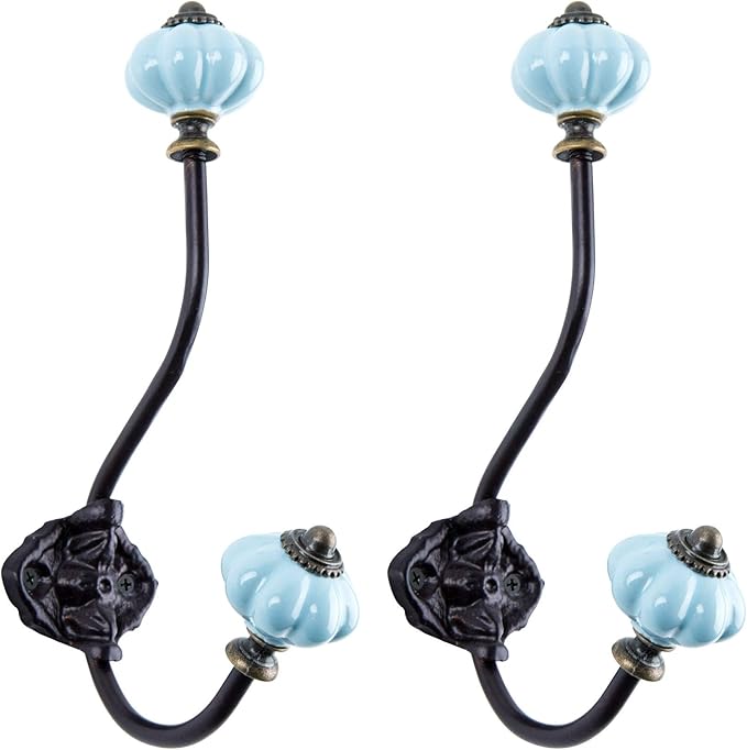 NIKKY HOME Wall Hooks Decorative 2 Pack Hanging Rustic Vintage Pumpkin Metal Iron Ceramic Antique Mounted Wall Hook for Towels Coat Bag Scarf Cap Hat Key for Farmhouse Mudroom Closet Bathroom, Blue