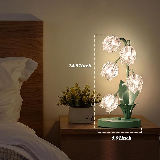 Glass Flower Table Lamp,5 Lily of The Valley Bedside Lamps,3 Color Modes Desk Lamp with G4 Led Bulbs for Home,Living Room,Bedroom,Night Stands,Decor