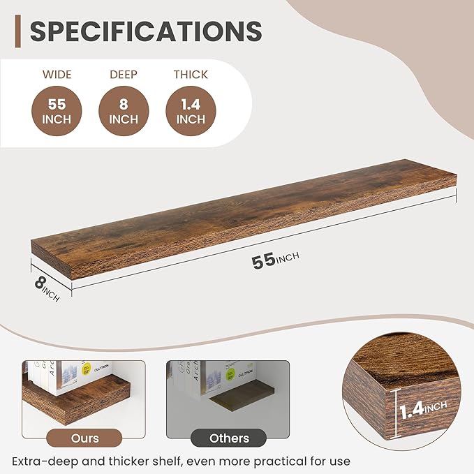 55 Inch Floating Shelves, 8 Inch Deep Floating Shelves for Wall, Hanging Shelf with Invisible Brackets, Deep Shelves for Bathroom, Bedroom, Living Room, Brown, Set of 1