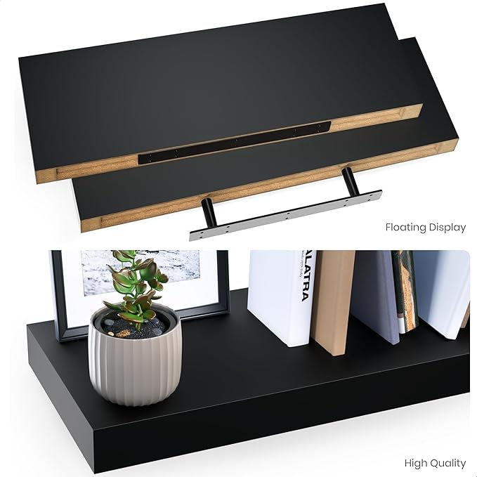 Ballucci Floating Shelves for Wall, 24" Wood Wall Shelf Set of 2, with Invisible Brackets for Bathroom, Living Room, Bedroom, Kitchen, Nursery, 8" Deep, Black