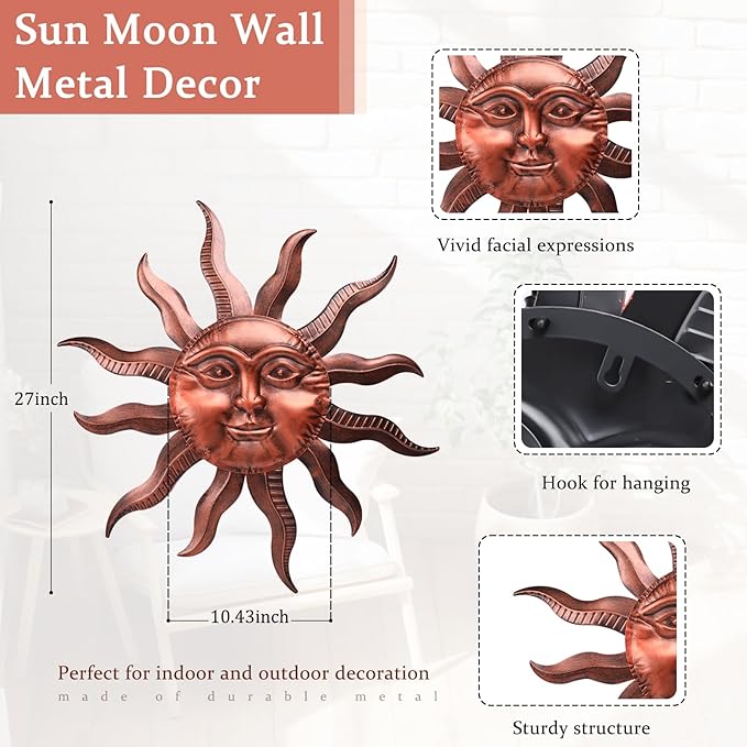 VCUTEKA 27" Sun Metal Wall Art Outdoor Decor Moon Wall Decoration Metal Wall Sculpture Hanging Garden Wall Art Wall Sculpture for Indoor Outdoor Patio Fence Decoration Brown
