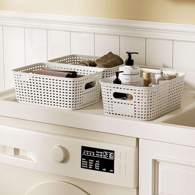 Plastic Storage Bins with Bamboo Lid - Stackable Pantry Storage Organizer with Lid - Storage Basket with Lable for Organizing: Small Storage Box for Shelves Cabinet Office Drawer Desktop 10x7x4in 6Pcs