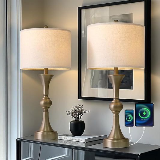 Oneach 28" Modern Table Lamps Set of 2 for Living Room, Warm Gold Bedside Lamps with USB Ports, Nightstand Lamps Set for Bedroom Farmhouse Lamp End Table Lamps (Bulbs not Included)