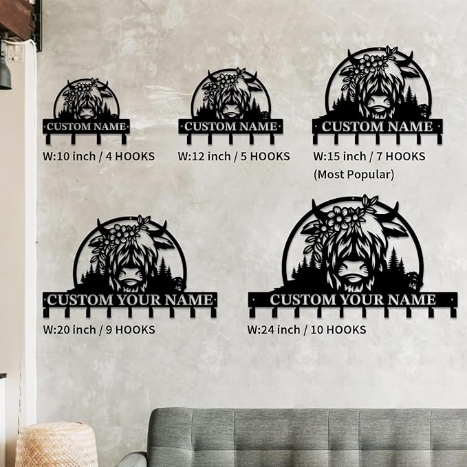 magilab Personalized Custom Highland Cow Wall Hooks,Metal Highland Cow Art Clothes Hooks,Metal Highland Cow Wall Home Storage Decorative,for Front Door, Hallway, Kitchen, Bedroom,Keys,Hats (Style N)