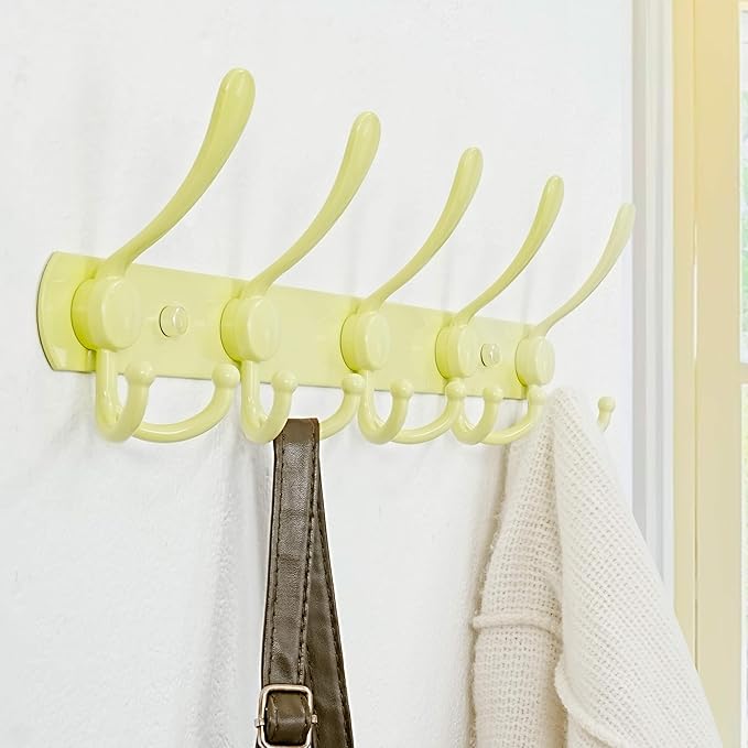 Dseap Coat Rack Wall Mounted - 5 Tri Hooks, Heavy Duty, Stainless Steel, Metal Coat Hook Rail for Coat Hat Towel Purse Robes Mudroom Bathroom Entryway, Yellow