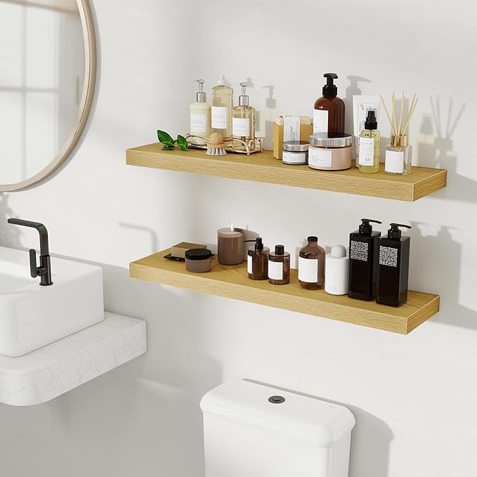 Fun Memories Rustic Wood Floating Shelves for Wall, Space-Saving Wall Mounted Shelves for Bathroom, Bedroom, Living Room and Kitchen, Stylish Storage & Display (Set of 2, Oak, 32 in)