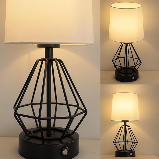 Black Cordless Lamp,Touch Stepless Dimming,8000mAh Rechargeable Battery Table Lamp,Black Cage Frame Wireless Lamp,White Lampshade,14.7inches Tall