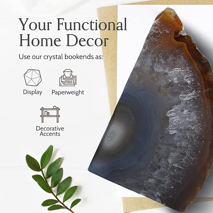 Nature's Decorations Agate Bookends - A Quality Natural Geode with Non-Skid Rubber Bumpers for Shelves, Office, Home Decor - Heavy Duty Cool Crystal Stone (2-3 LB)