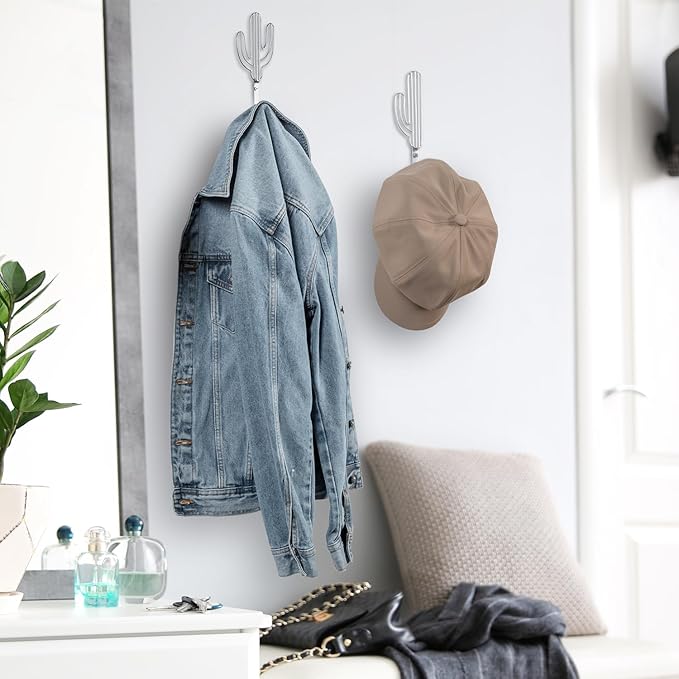 MyGift Wall Mounted Modern Silver Tone Metal Coat Hooks with Wire Saguaro Cactus Matching Shapes for Hanging Hats Coats Towels Leashes Keys, 2 Piece Set