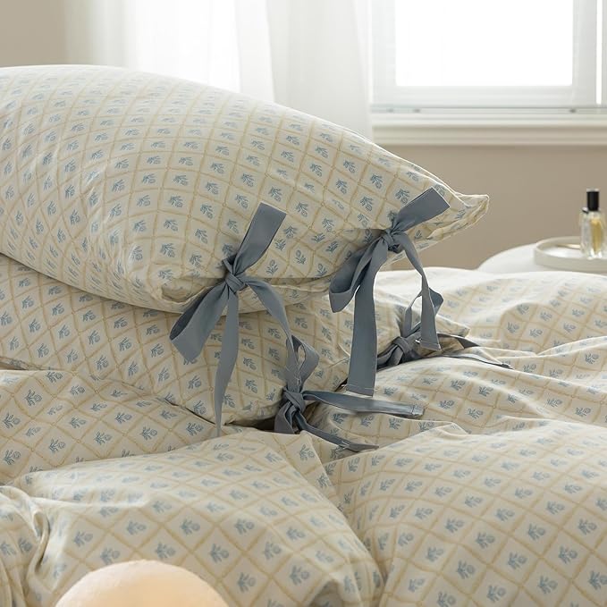Blue Floral Duvet Cover Full Soft Cotton Garden Style Floral Bedding Comforter Cover Plaid Grid Design Vintage Blue Flower Duvet Cover with 2 Bowknot Pillowcases Botanical Cottagecore Bedding Set Full