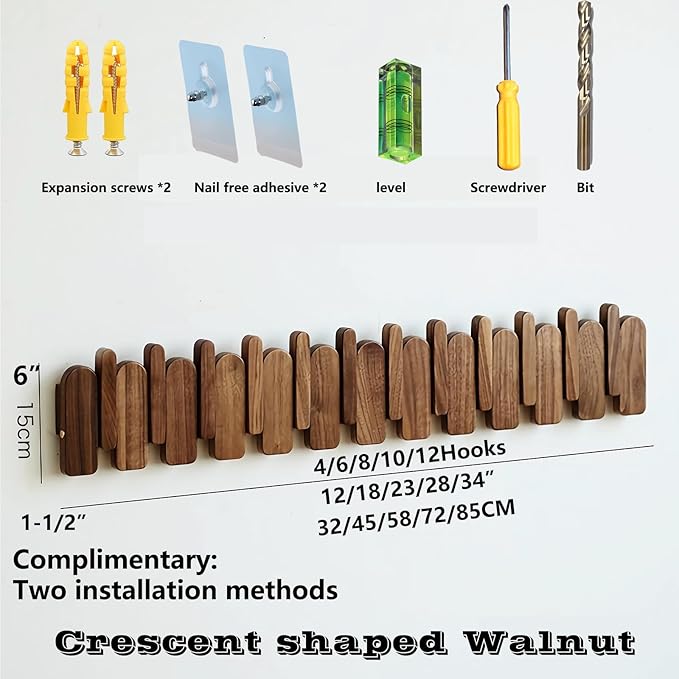 Wall Mounted Coat RackHooks Piano Key Hangers Natural Solid Wood Hanger Non-Woven Fabric Clothes Hangers for Closet, Kitchen, Bedroom, Bathroom, Entryway (Moon Walnut-Beech, 10 Hooks)