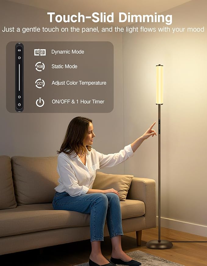 OUTON LED Floor Lamp with Remote & APP Control, 1500LM Ultra Bright Tall Standing Lamp, 16 Million Colors, 32 Scene Modes & Music Sync, Modern Corner Lamps for Living Room, Bedroom, Gaming, Brown