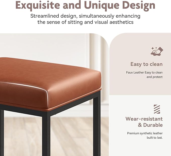 ALPHA HOME 24 Inch Counter Height Bar Stools, Upholstered Bar Stools for Kitchen Island, Counter Stools with Faux Leather Cushion and Sturdy Metal Frame, Modern Barstools, Caramel