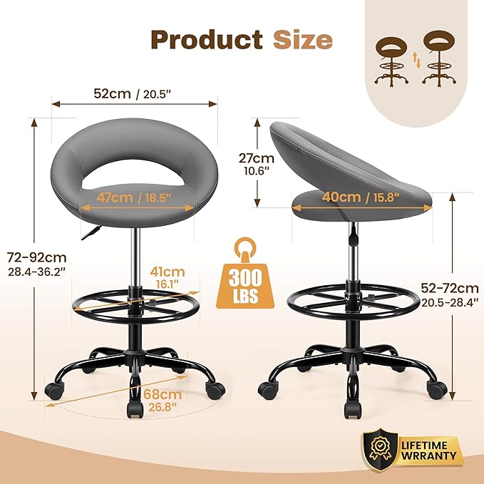 Drafting Chair for Standing Desk, Height Adjustable Rolling Stool with Backrest & Footrest, Tall 360° Swivel PU Leather Stool Chair with Wheels for Office, Gray