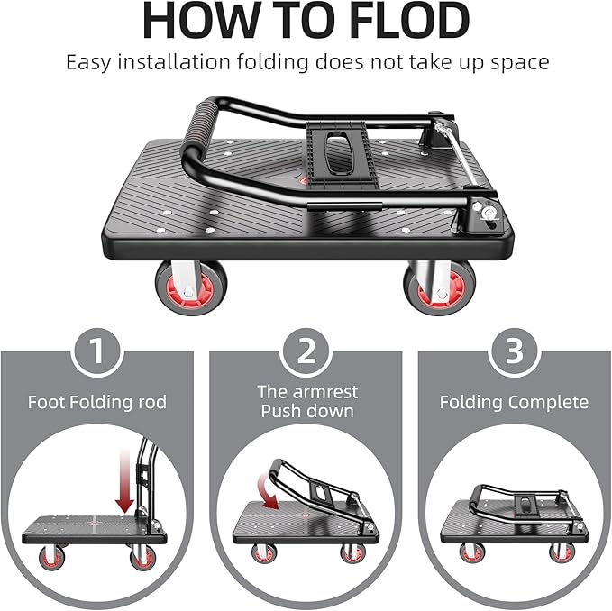 Upgraded Foldable Push Cart Dolly,560 lbs. Capacity Moving Platform Hand Truck,Heavy Duty Space Saving Collapsible,4‘’ TPR 360-Degree Silent Wheels,2 Swivel Wheels and 2 Fixed Wheels