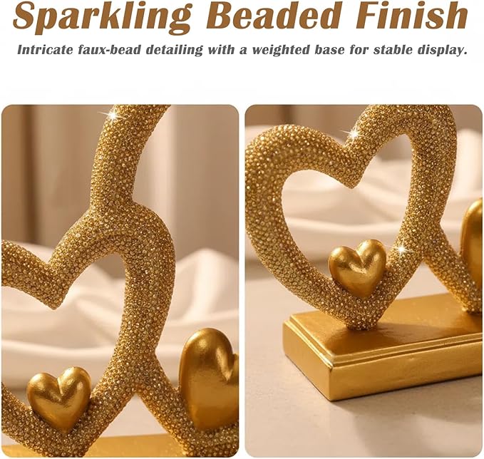 Double Heart Sculpture Valentine’s Day Statue, Faux Beaded Texture with Gold Accents, 7.9" Gold Romantic Decor for Shelf, Mantel, Bedroom, Wedding, for Her