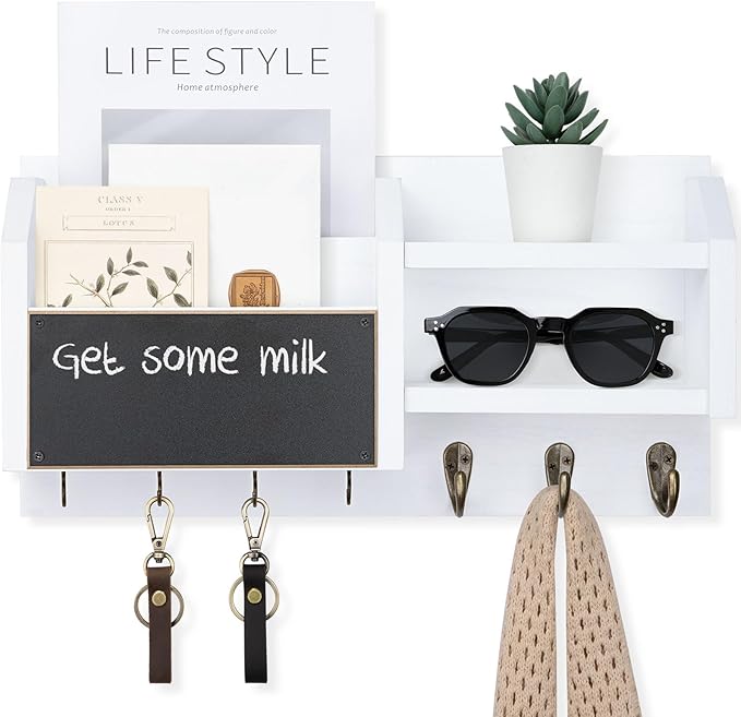 Mail and Key Holder – Wall Mount Key Hanger with Shelf and 7 Metal Hooks – Decorative Natural Paulownia Wood Entryway Organizer with Mounting Hardware (16.5”W x 8.7”H x 3.5”D) (White)
