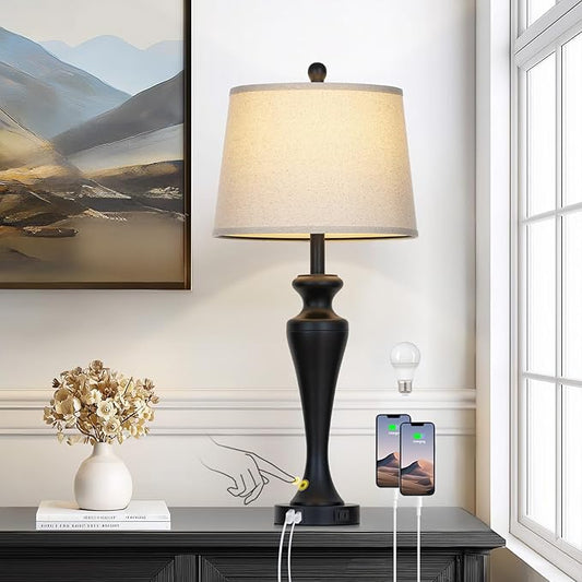 30" Table Lamp Single, 3-Way Dimmable Touch Bedside Lamp with USB A+C Ports and AC Outlet, Tall Living Room Lamps for Side Table, Modern Bedroom Lamp for Nightstand, Black-1PK