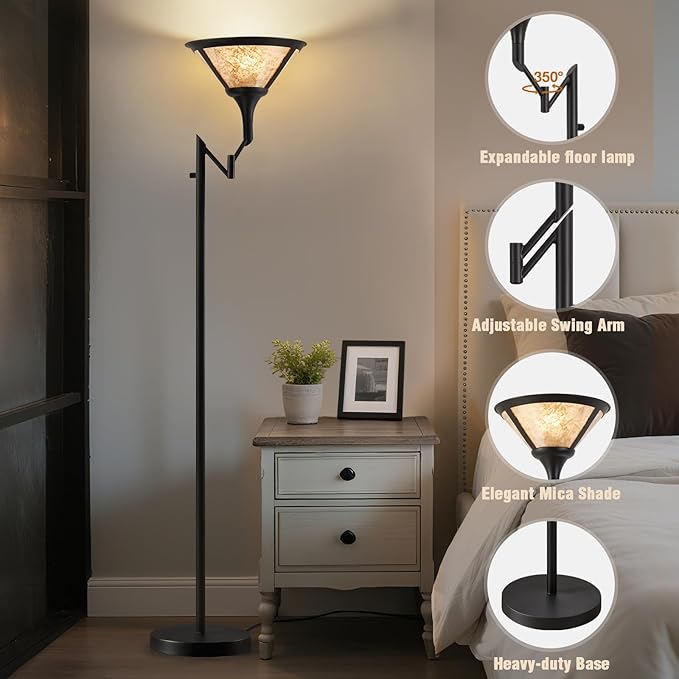 EJIAXIN Floor Lamps for Living Room - 70" Black Torchiere Standing Floor Lamp with White Mica Shade - Tall Corner Lamp Decor for Bedroom with Adjustable Swing Arm LED Reading Light for Home Office