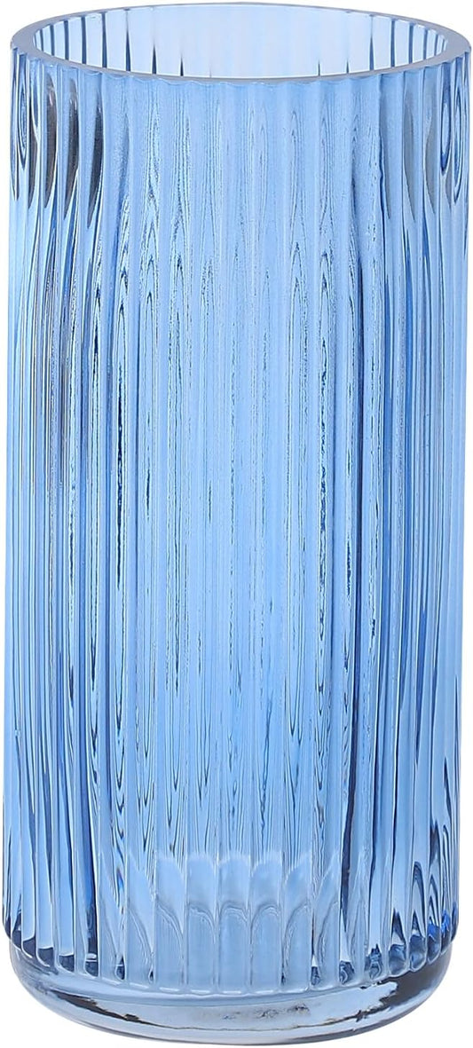 Ribbed Glass Vase, Blue Glass Vase for Bouquet, Modern Vases for Flowers, Ribbed Vases for Living Room, Bathroom, Dining Table, Office, Wedding, Centerpieces, 8 Inches