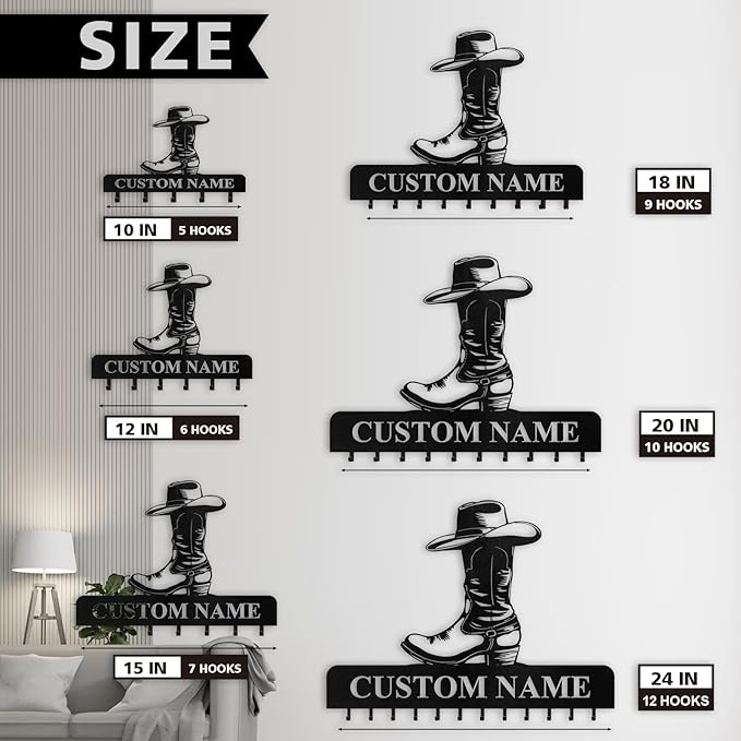 Personalized Cowboy Coat Hooks, Cowboy Boots Key Holder Wall Mount, Clothes Cowboy Hat Rack and Backpack Hanger, Western Wall Decor, Metal Key Rack Organizer for Living Room Kitchen Color02