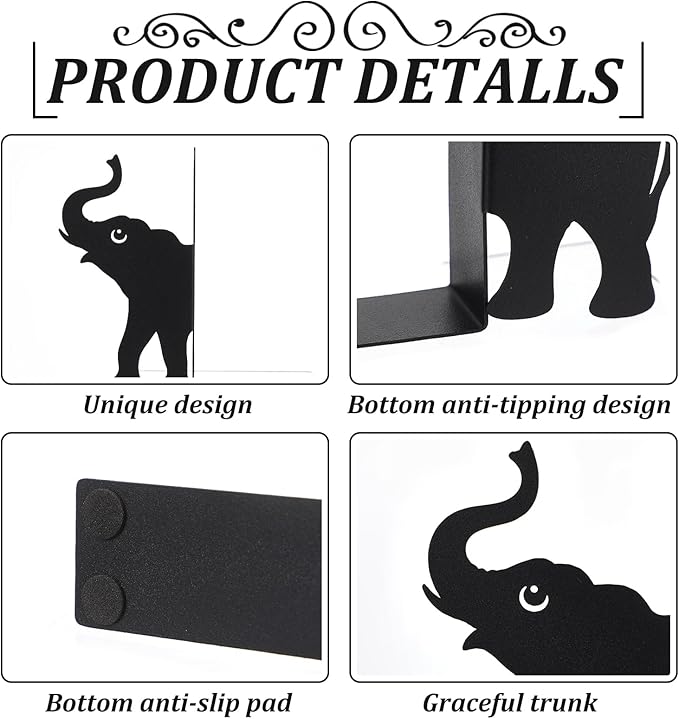 Geelin Elephant Metal Bookends Set of 2 Styles Book Ends for Shelves Bookshelf Home Office Desk Bookshelf Decor Gift for Elephant Lovers and Reading Enthusiasts