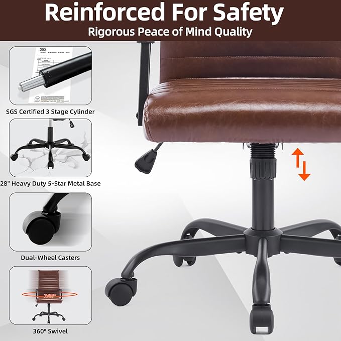 Haranuo Office Chair, Ergonomic Executive Conference Room Chairs, Ribbed Leather Desk Chair with Lumbar Support, Adjustable Height Mid-Back Swivel Chair with Padded Seat and Square Tube Armrests
