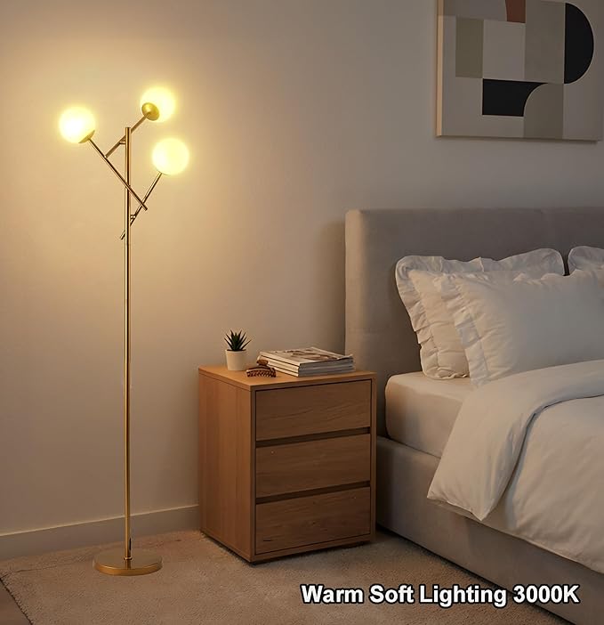 Fiqevs Globe Floor Lamp with 3 Adjustable Glass Ball Lampshade, Gold Mid Modern Standing Lamp Bulbs Included, Sputnik Tree Tall Pole Lamp for Living Room, Bedroom - Antique Brass