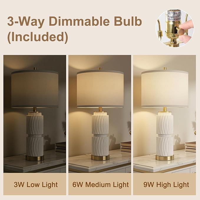 27" Faux Stone Boho Table Lamps Set of 2, Modern Lamps for Living Room with USB A+C Ports, Rustic Nightstand Table Lamps with Linen Shade for Bedroom, Living Room, Office (Bulb Included)