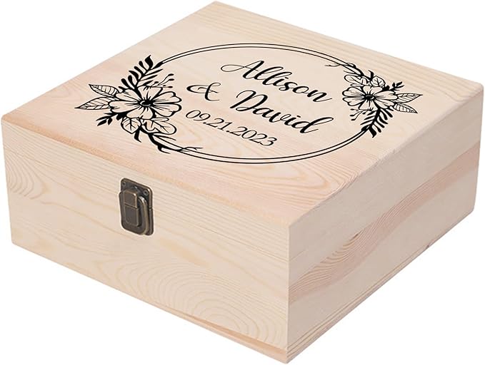 Personalized Wedding Keepsake Box Custom Name Date, Wooden Memory Box Wedding Gift Box for Couples Newlyweds - Customized Gifts for Bridal Shower Anniversary Engagement Christmas