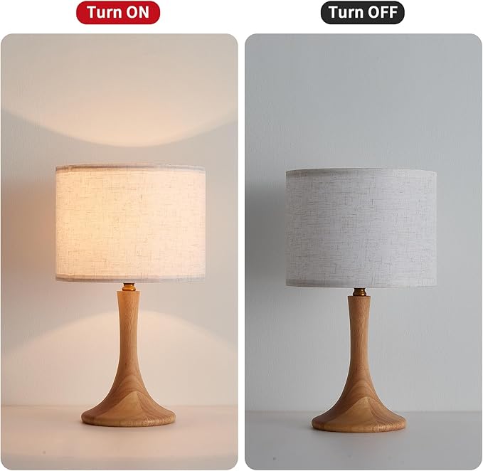 Bedside Table Lamp for Bedroom, Nordic Plug in Fabric Shade & Solid Wood Base Desk Lamp, Plug & Play Yellow Wood Color Nightstand Lamp for Living Room, Office, Switch Power Cord 【Bulb Not Included】