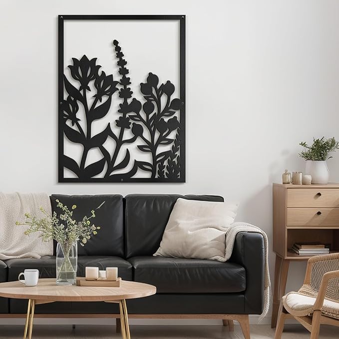SIGNLEADER Metal Wall Art Decor Botanical Flowers Minimalist Modern Abstract Wall Sculpture Hangings Home Decoration for Living Room, Bedroom, Bathroom, Kitchen, Outdoor - 18" Black