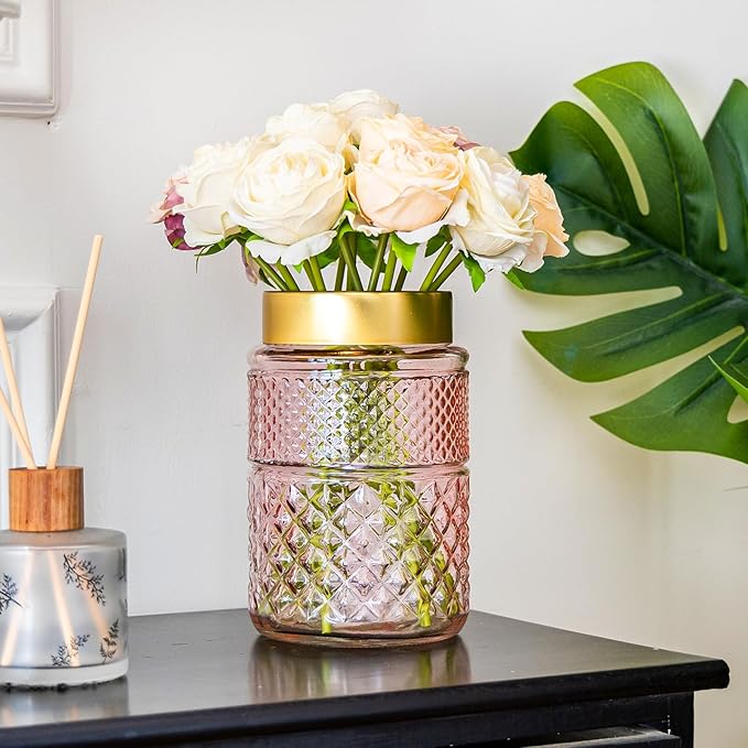 2-Pack Flower Vase Glass, 7.6 inch Pink Fluted Vase with Golden Metal Top, Stylish Decorative for Tabletop Centerpiece, Kitchen, Living Room, Bedroom, Bathroom, Office