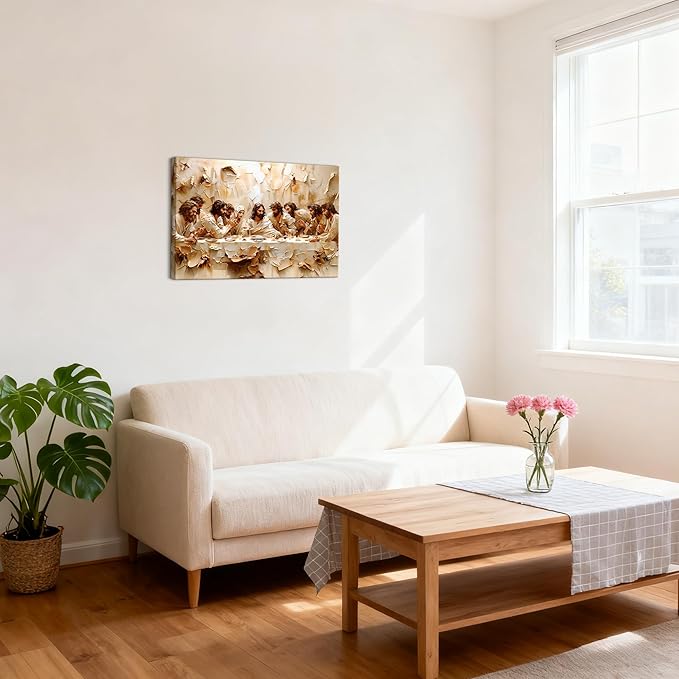 Jesus Last Supper Wall Art, Christian Wall Decor, Jesus Canvas Prints Painting Religious Bible Artwork Christ Home Decor Pictures for Dining Room Prayer Room 12x16 Inch Framed