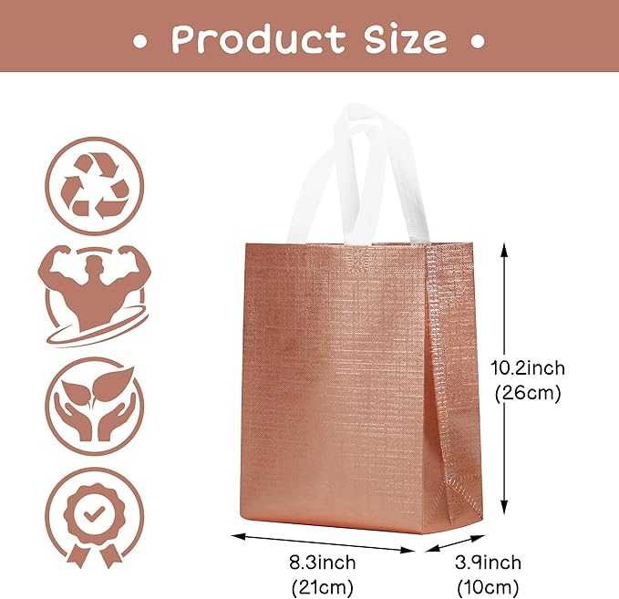 16 Pcs Metallic Bling Small Gift Bags Bulk with Cardboard Bases, 10.2x3.9x8.3 In Glossy Rose Gold Reusable Party Favor Bags for Birthday, Wedding, Christmas, Partie