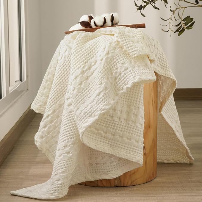 PHF 100% Cotton Waffle Weave Throw Blanket, Soft Lightweight Breathable Cozy Throws for Couch Bed Sofa, 300 GSM Luxury Aesthetic Blanket Gift for Home Decor & Office, 50"x60", Cannoli Cream