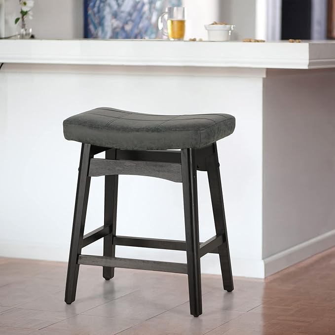 Sophia & William Black Bar Stool for Kitchen Island,24" Counter Height Bar Stools with Wooden Legs, Abrasive Leather Saddle Seat Bar Stool,1PC