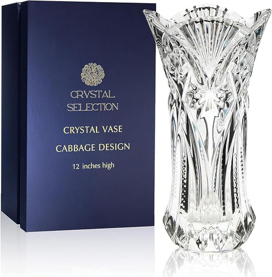 CS Crystal Vase 12-inch high, Cabbage Design, for Flowers & Decor. Lovely Nice Shiny Piece. Perfect as a Gift, Suitable for All Occasions